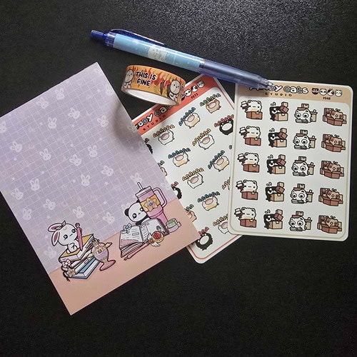 paperechoes notepad moody cat studios screaming and packing stickers omwl this is fine washi on black background