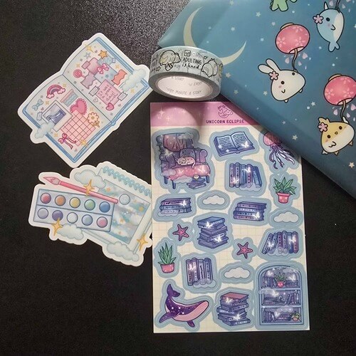 unicorn eclipse stickers and reading room sticker sheet sumlilthings b6 lantern folder emas adulting is hard washi on black background