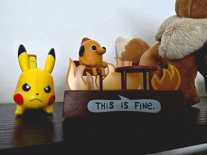 this is fine figurine next to angry Pikachu figurine in front of the side of an eevee holiday plush on top of black shelf
